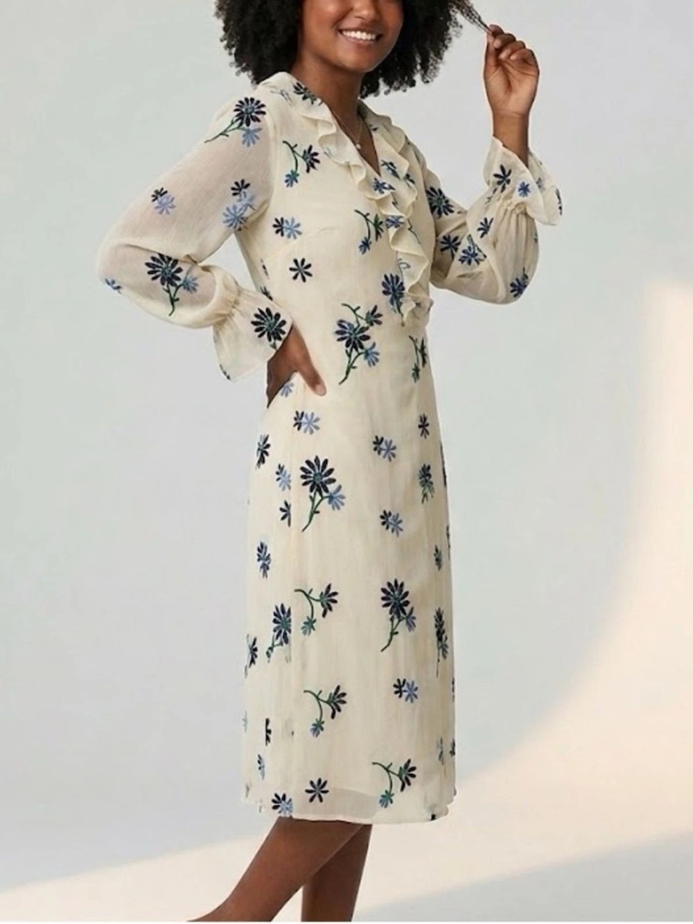 Tory Burch Cream Midi Dress with Blue Floral Embroidery